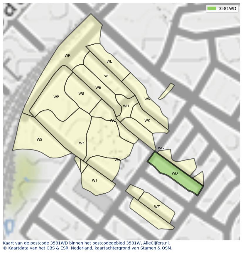 Afbeelding van het postcodegebied 3581 WD op de kaart.