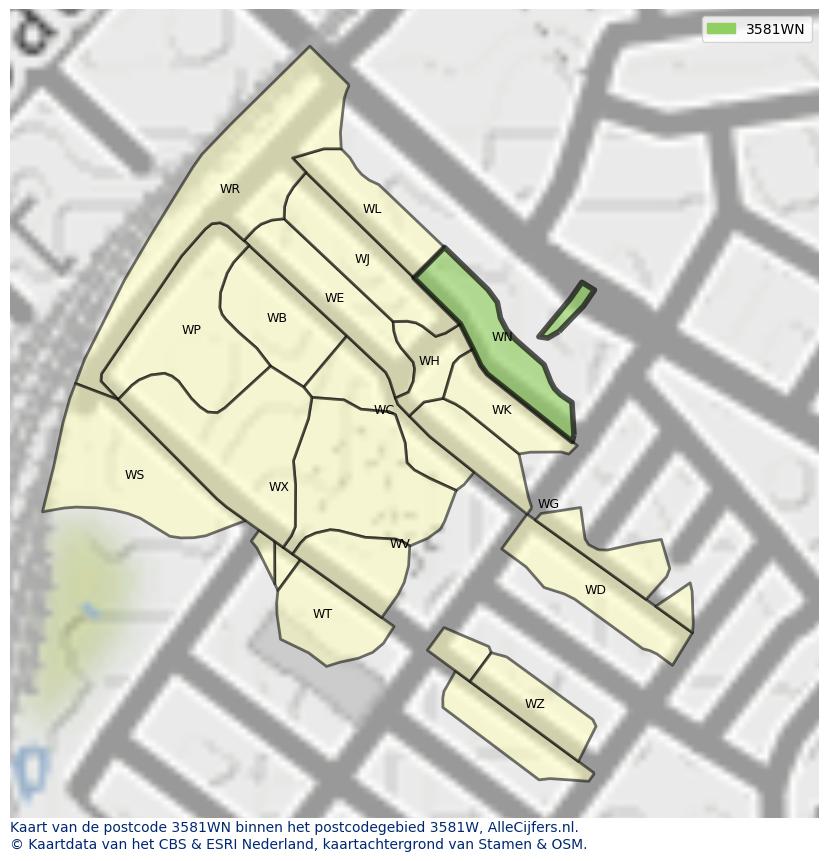 Afbeelding van het postcodegebied 3581 WN op de kaart.
