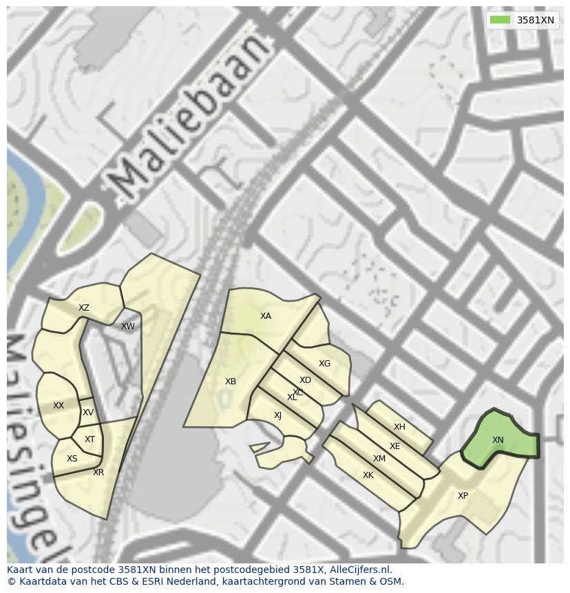Afbeelding van het postcodegebied 3581 XN op de kaart.