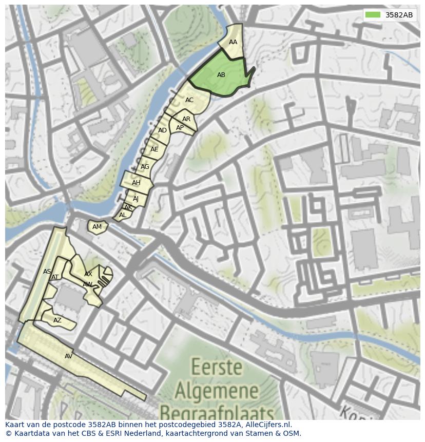 Afbeelding van het postcodegebied 3582 AB op de kaart.