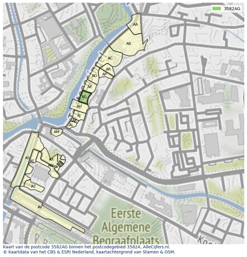 Afbeelding van het postcodegebied 3582 AG op de kaart.
