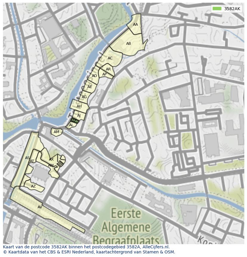 Afbeelding van het postcodegebied 3582 AK op de kaart.