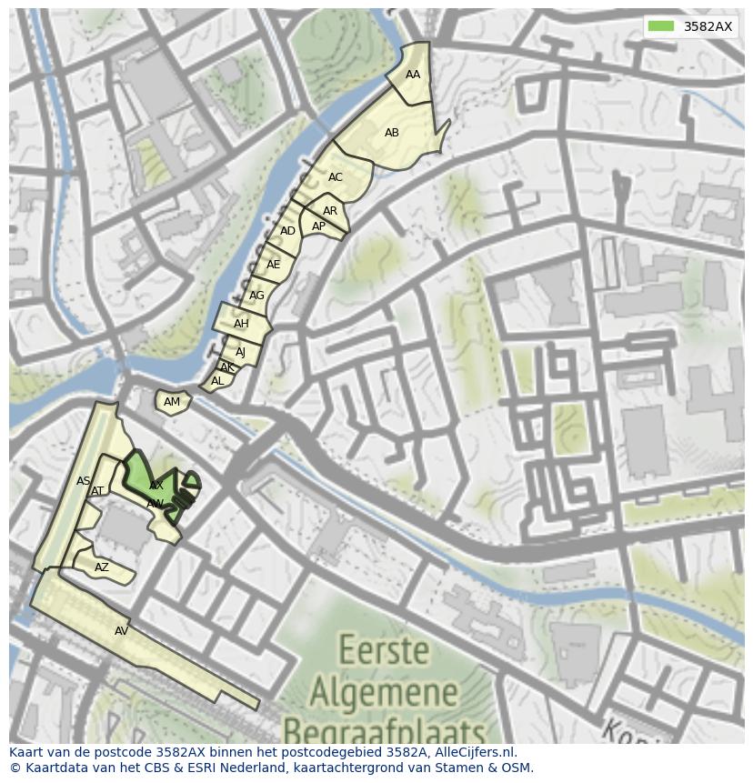 Afbeelding van het postcodegebied 3582 AX op de kaart.