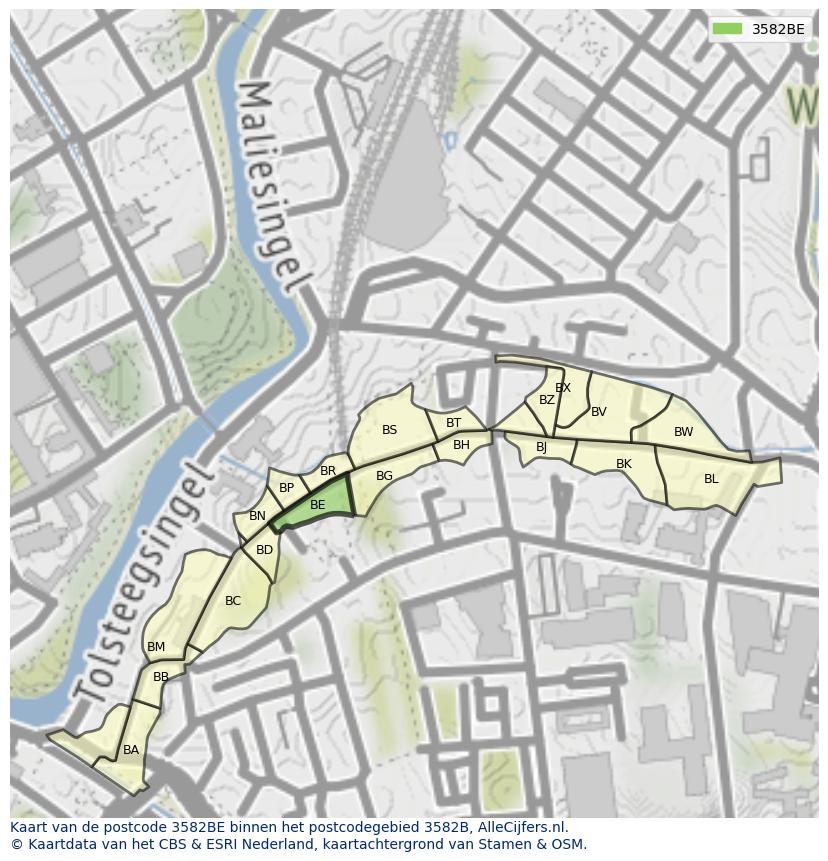 Afbeelding van het postcodegebied 3582 BE op de kaart.