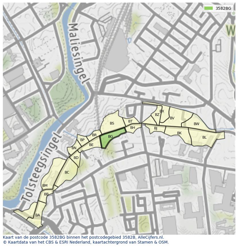 Afbeelding van het postcodegebied 3582 BG op de kaart.