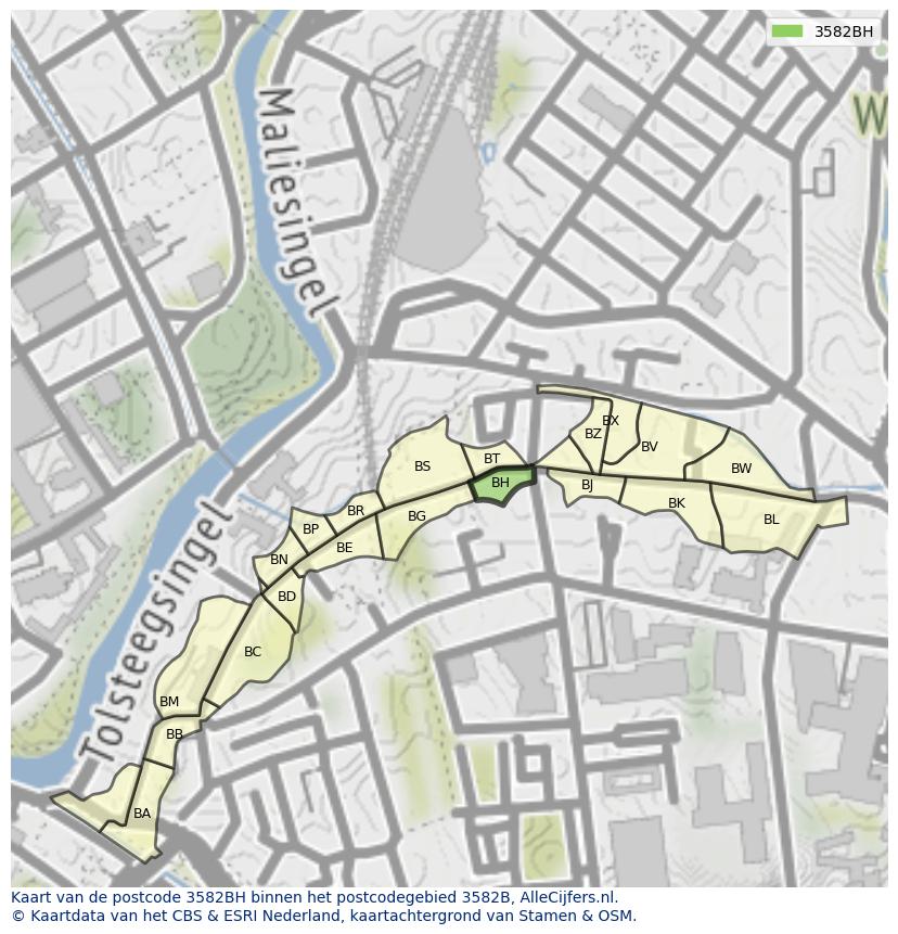 Afbeelding van het postcodegebied 3582 BH op de kaart.