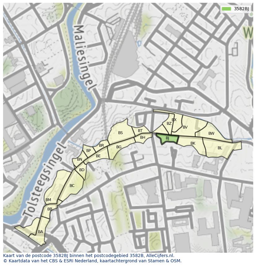Afbeelding van het postcodegebied 3582 BJ op de kaart.