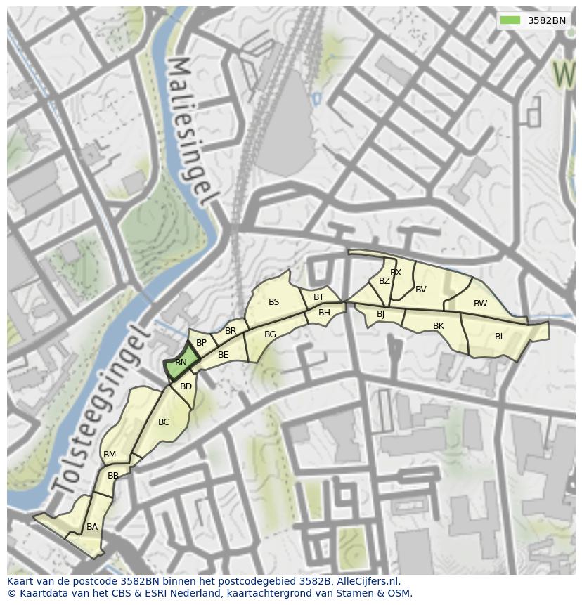 Afbeelding van het postcodegebied 3582 BN op de kaart.