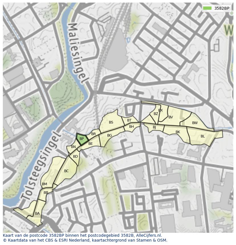 Afbeelding van het postcodegebied 3582 BP op de kaart.