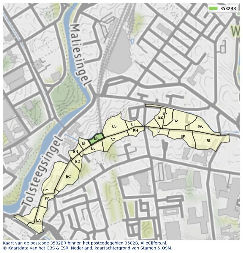 Afbeelding van het postcodegebied 3582 BR op de kaart.