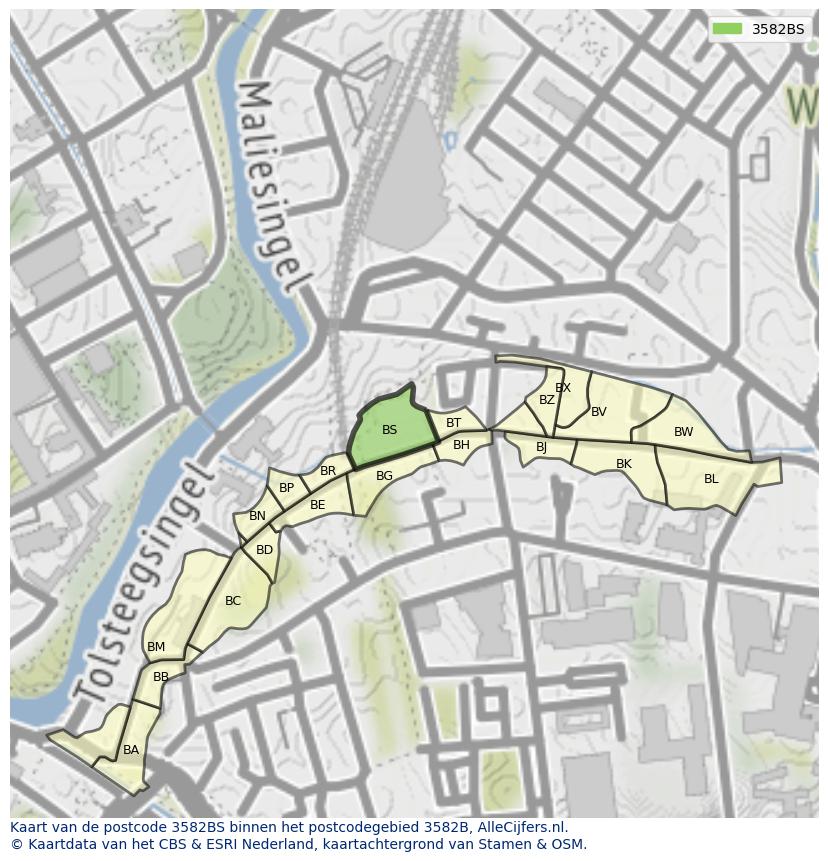 Afbeelding van het postcodegebied 3582 BS op de kaart.