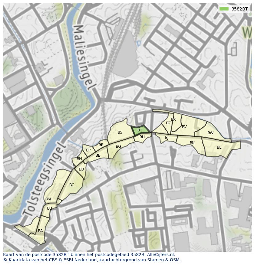 Afbeelding van het postcodegebied 3582 BT op de kaart.