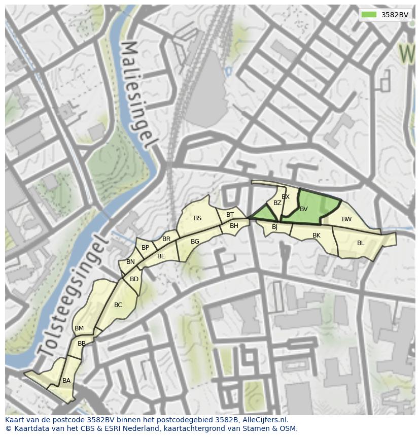 Afbeelding van het postcodegebied 3582 BV op de kaart.