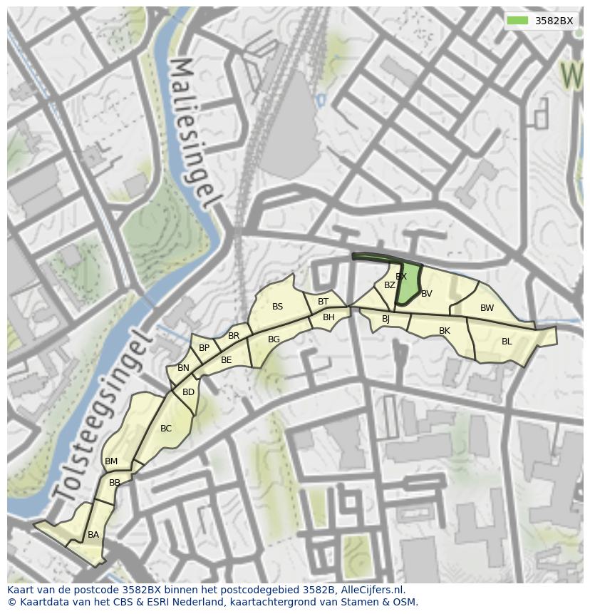 Afbeelding van het postcodegebied 3582 BX op de kaart.