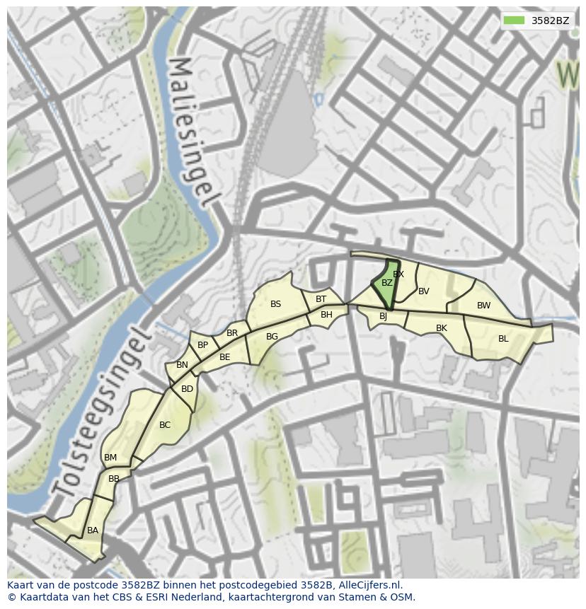 Afbeelding van het postcodegebied 3582 BZ op de kaart.