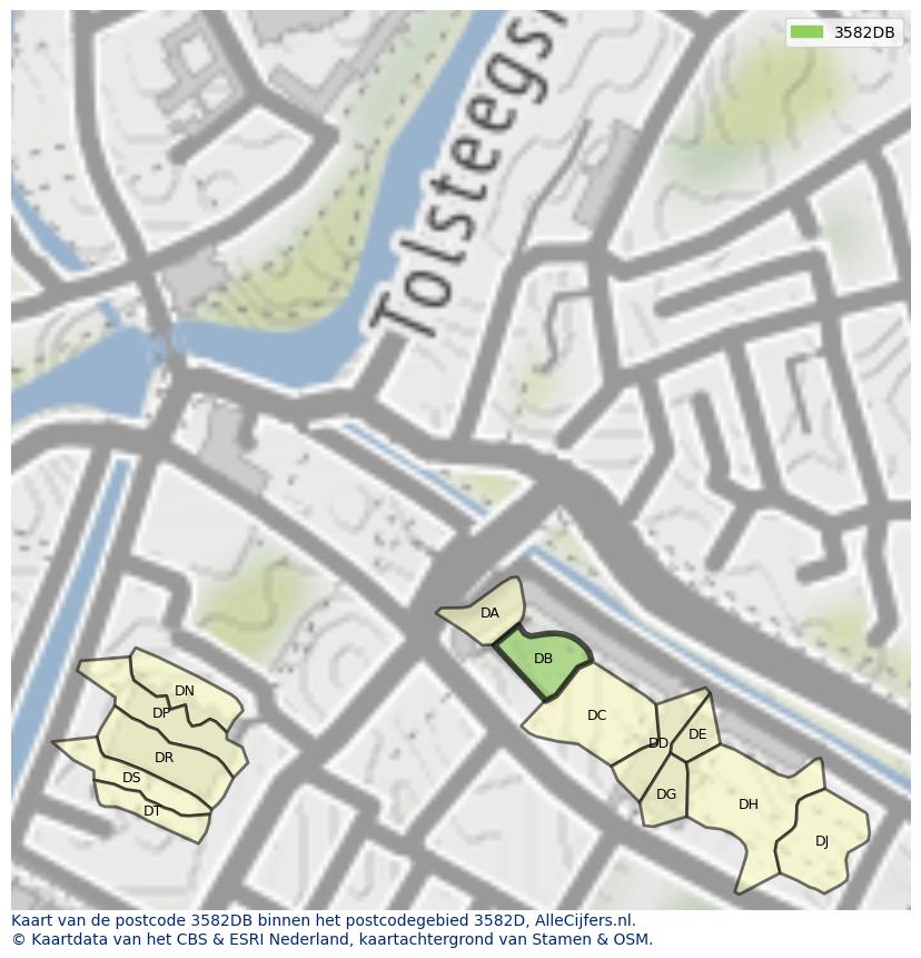Afbeelding van het postcodegebied 3582 DB op de kaart.