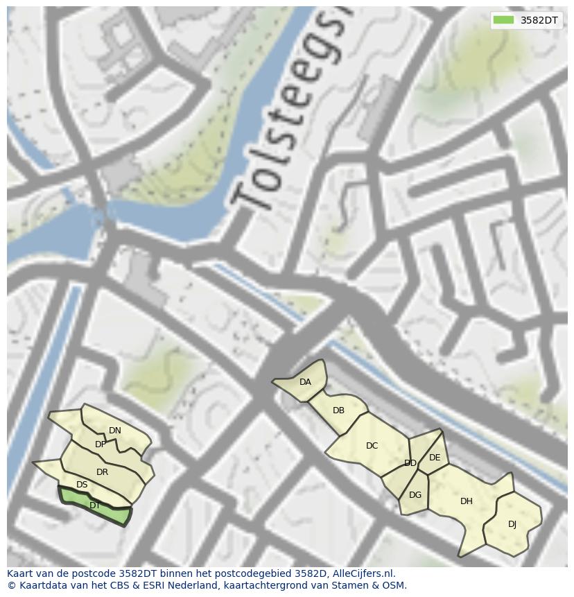 Afbeelding van het postcodegebied 3582 DT op de kaart.