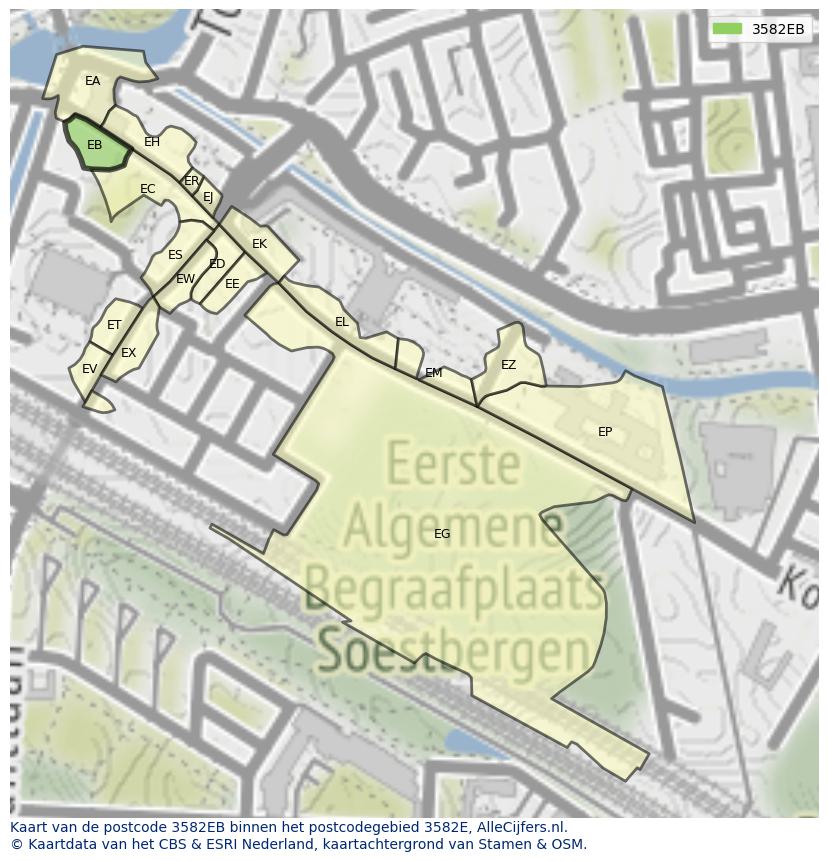 Afbeelding van het postcodegebied 3582 EB op de kaart.