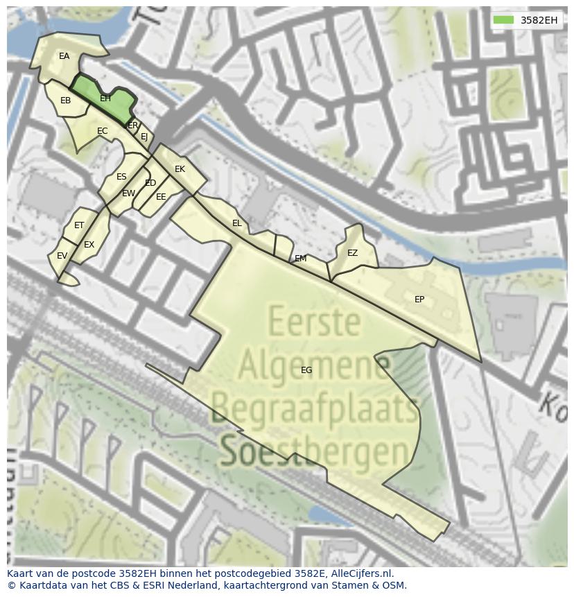 Afbeelding van het postcodegebied 3582 EH op de kaart.