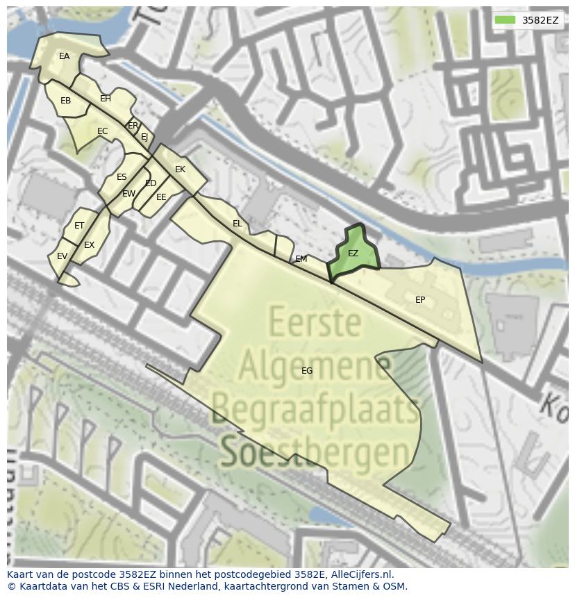 Afbeelding van het postcodegebied 3582 EZ op de kaart.