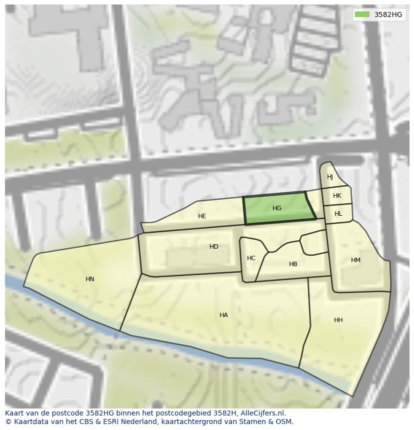 Afbeelding van het postcodegebied 3582 HG op de kaart.