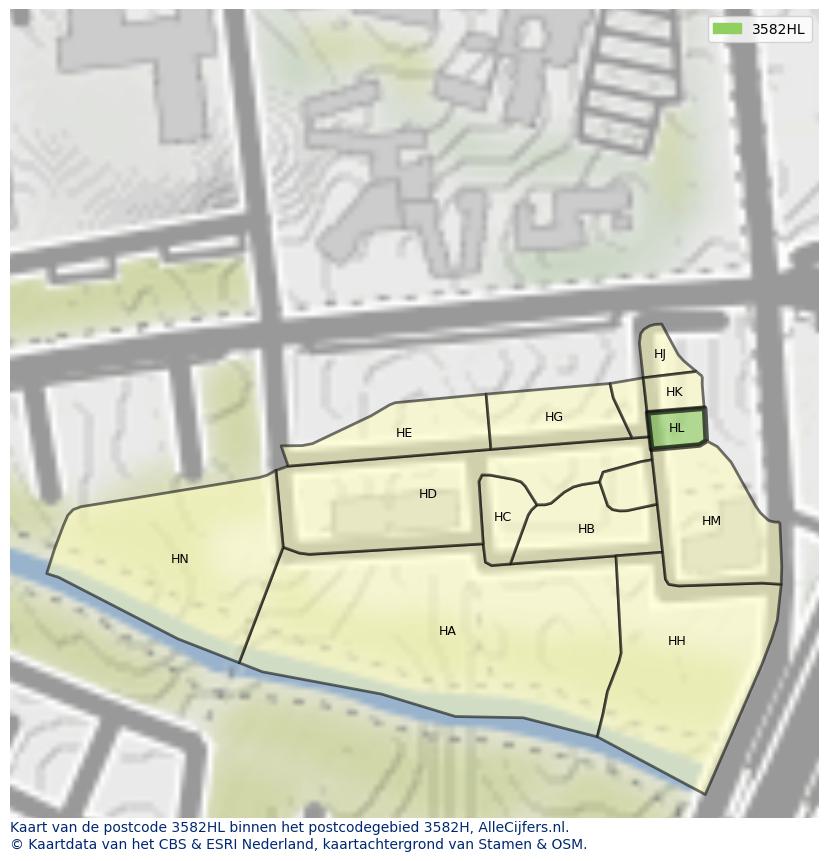 Afbeelding van het postcodegebied 3582 HL op de kaart.