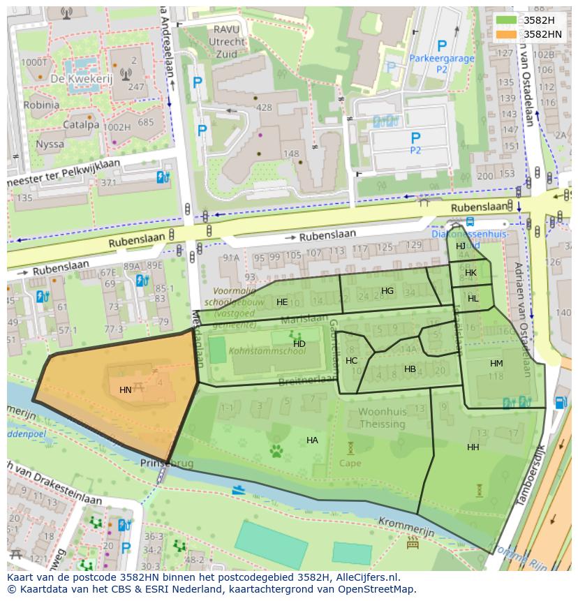 Afbeelding van het postcodegebied 3582 HN op de kaart.