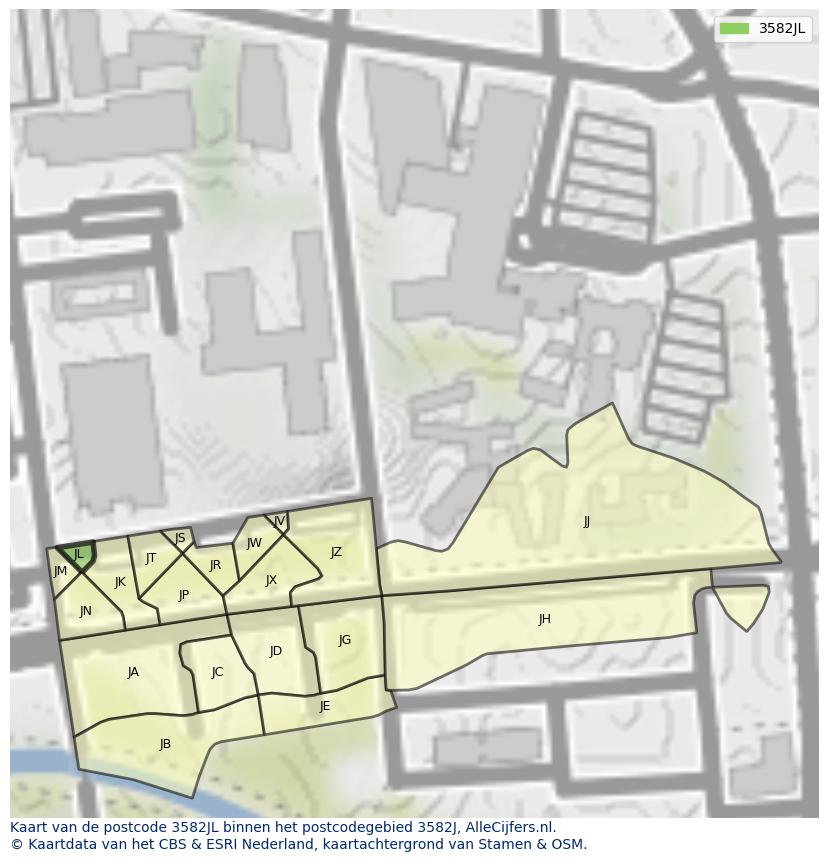 Afbeelding van het postcodegebied 3582 JL op de kaart.