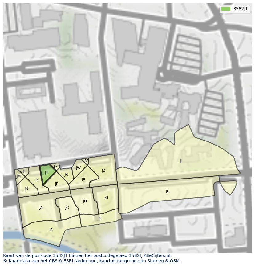 Afbeelding van het postcodegebied 3582 JT op de kaart.