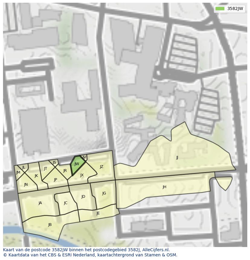 Afbeelding van het postcodegebied 3582 JW op de kaart.