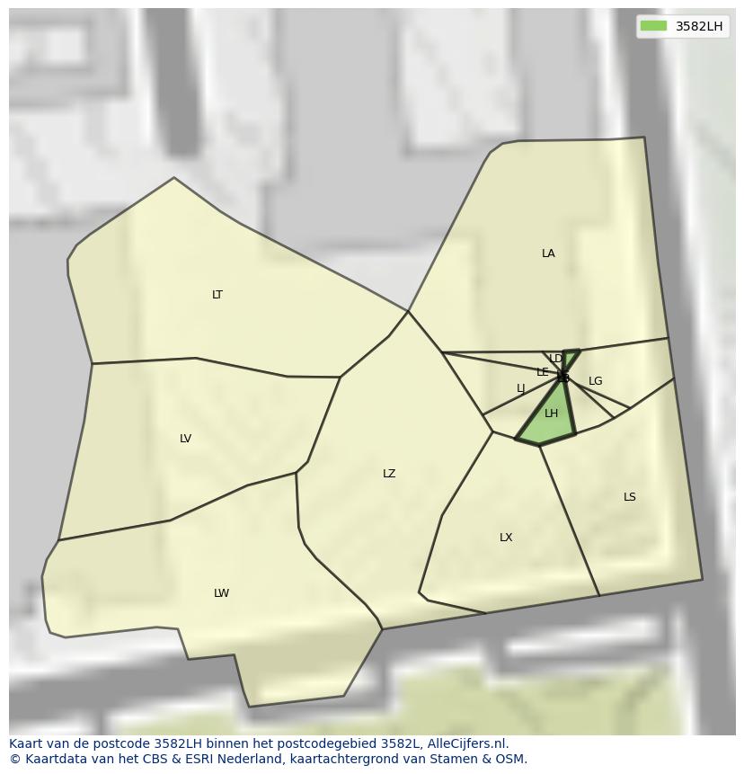 Afbeelding van het postcodegebied 3582 LH op de kaart.