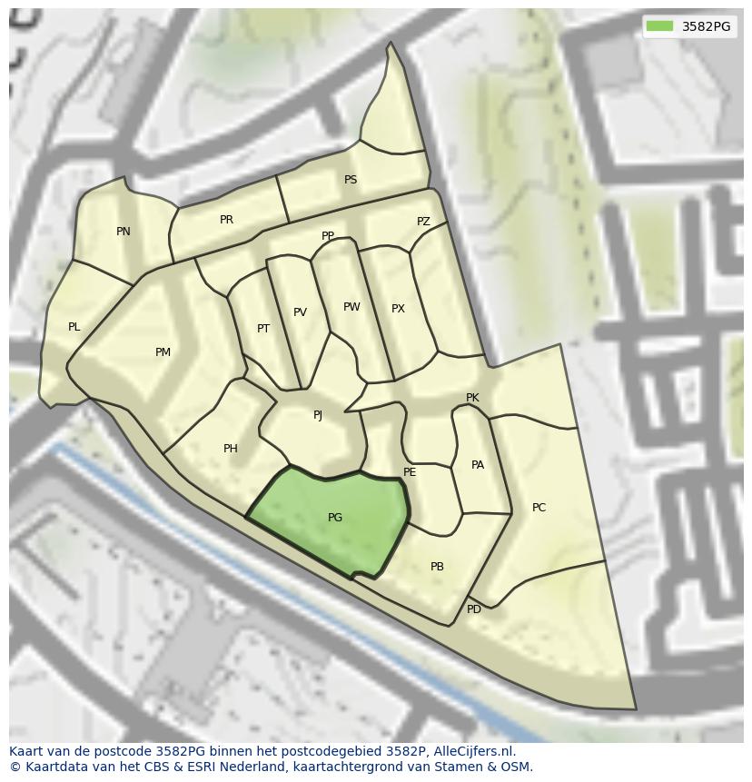 Afbeelding van het postcodegebied 3582 PG op de kaart.