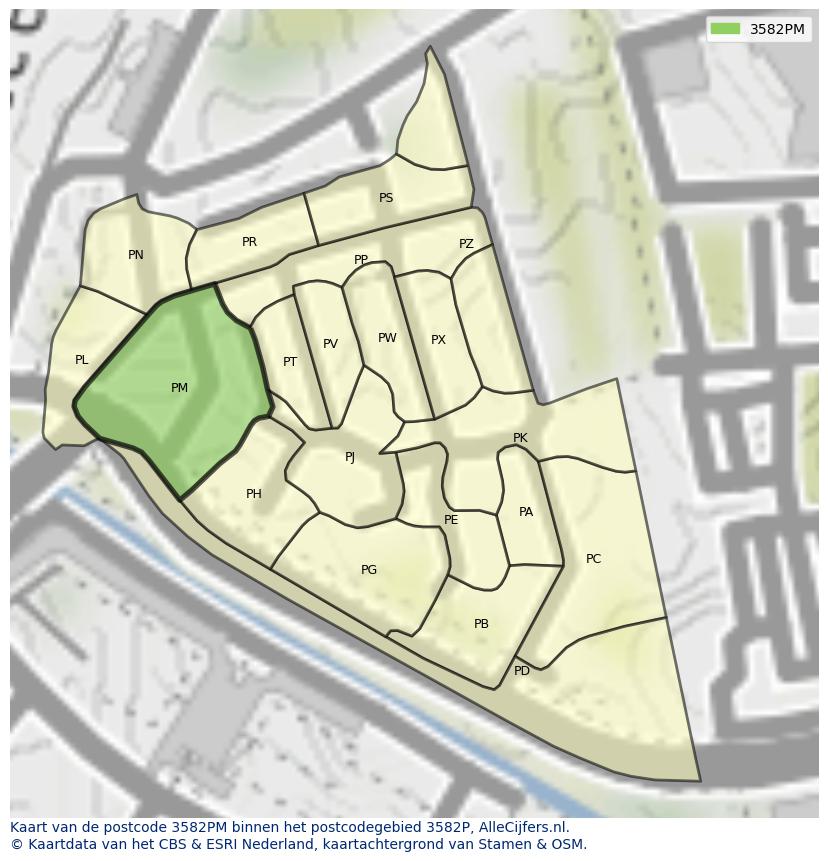 Afbeelding van het postcodegebied 3582 PM op de kaart.