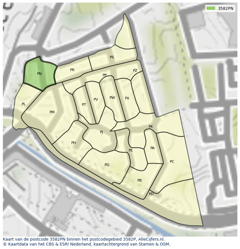 Afbeelding van het postcodegebied 3582 PN op de kaart.