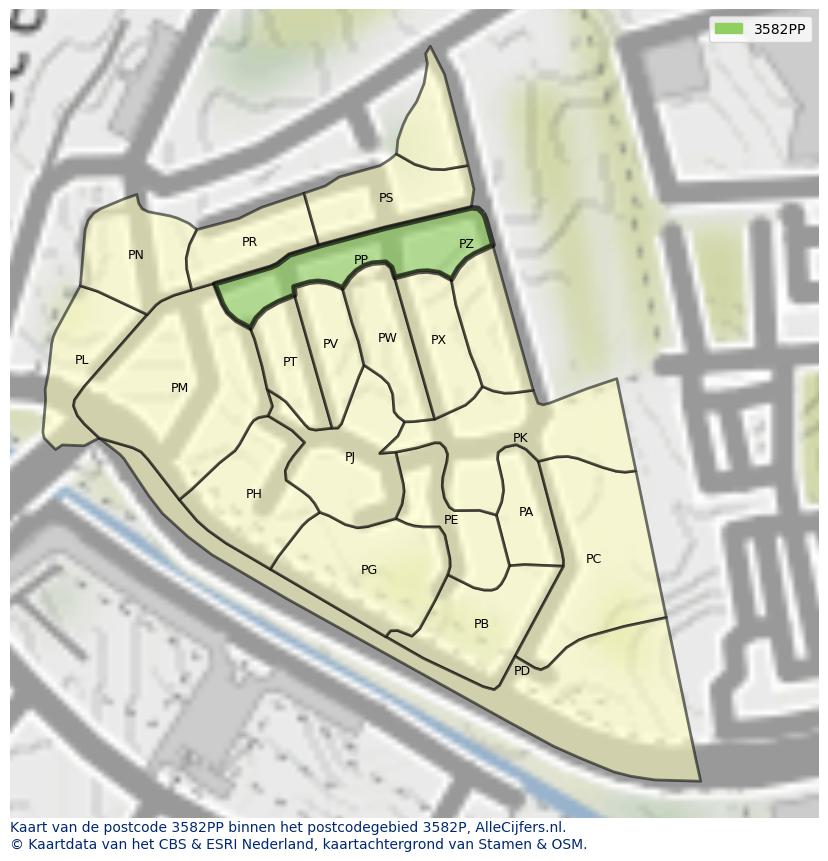 Afbeelding van het postcodegebied 3582 PP op de kaart.