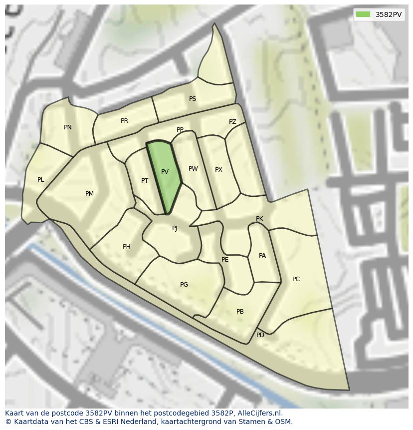 Afbeelding van het postcodegebied 3582 PV op de kaart.