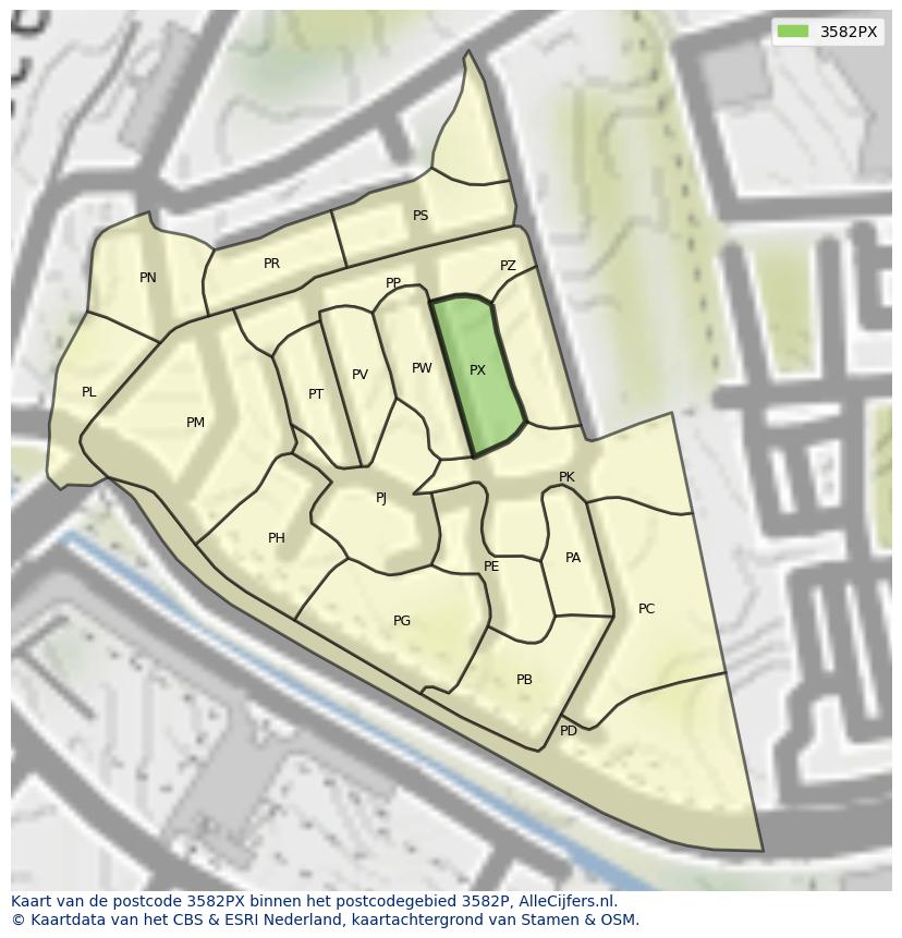 Afbeelding van het postcodegebied 3582 PX op de kaart.