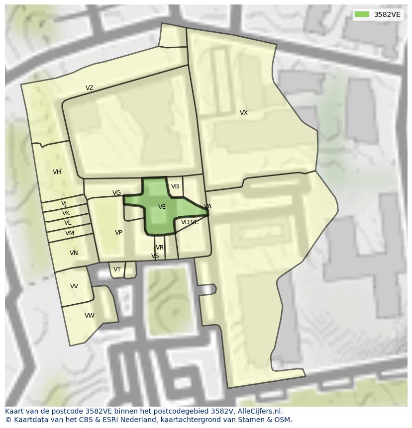 Afbeelding van het postcodegebied 3582 VE op de kaart.