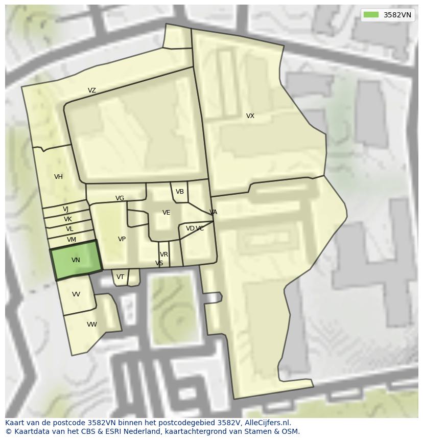 Afbeelding van het postcodegebied 3582 VN op de kaart.