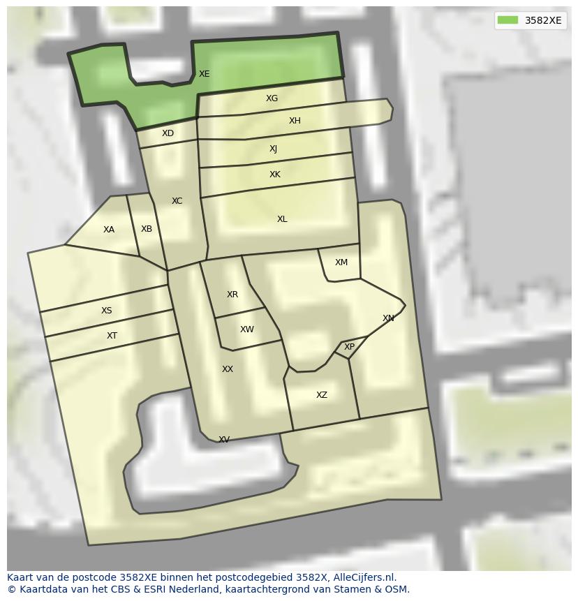 Afbeelding van het postcodegebied 3582 XE op de kaart.