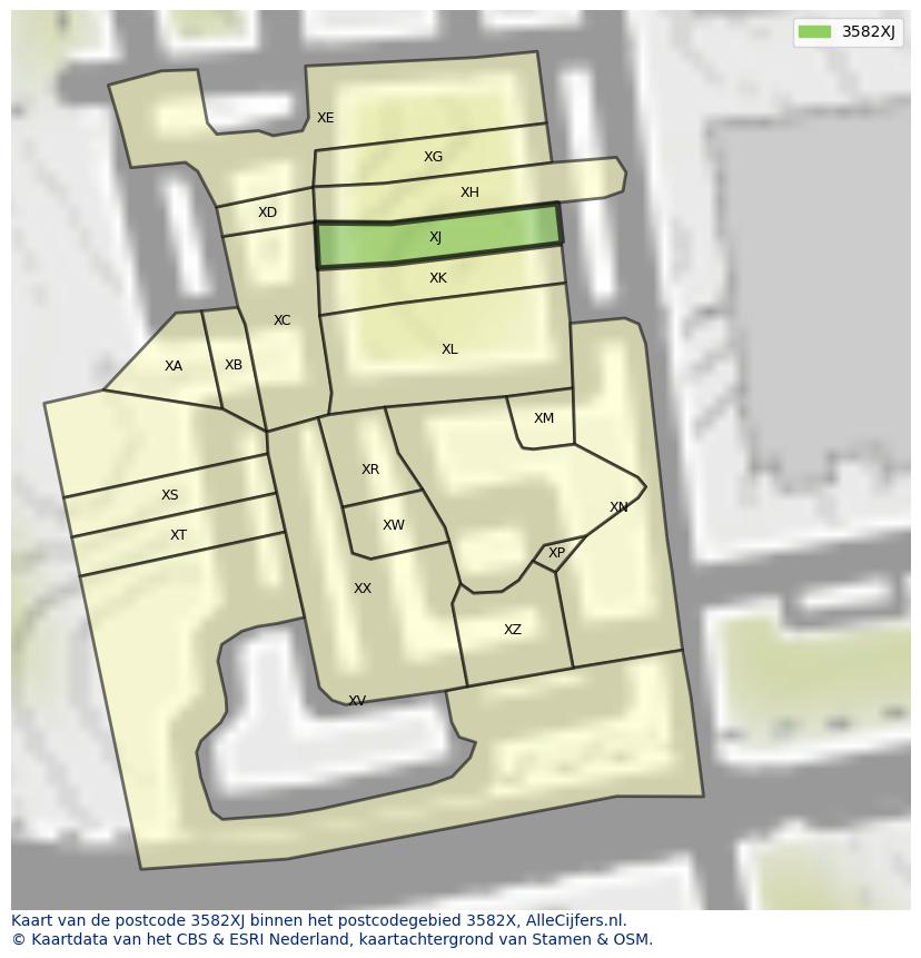 Afbeelding van het postcodegebied 3582 XJ op de kaart.