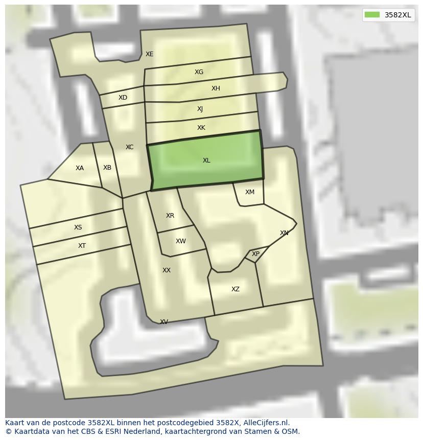 Afbeelding van het postcodegebied 3582 XL op de kaart.