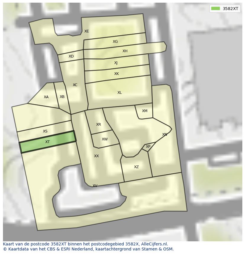Afbeelding van het postcodegebied 3582 XT op de kaart.