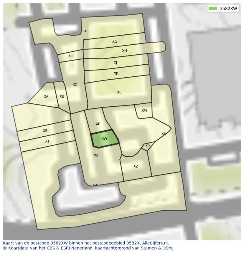 Afbeelding van het postcodegebied 3582 XW op de kaart.