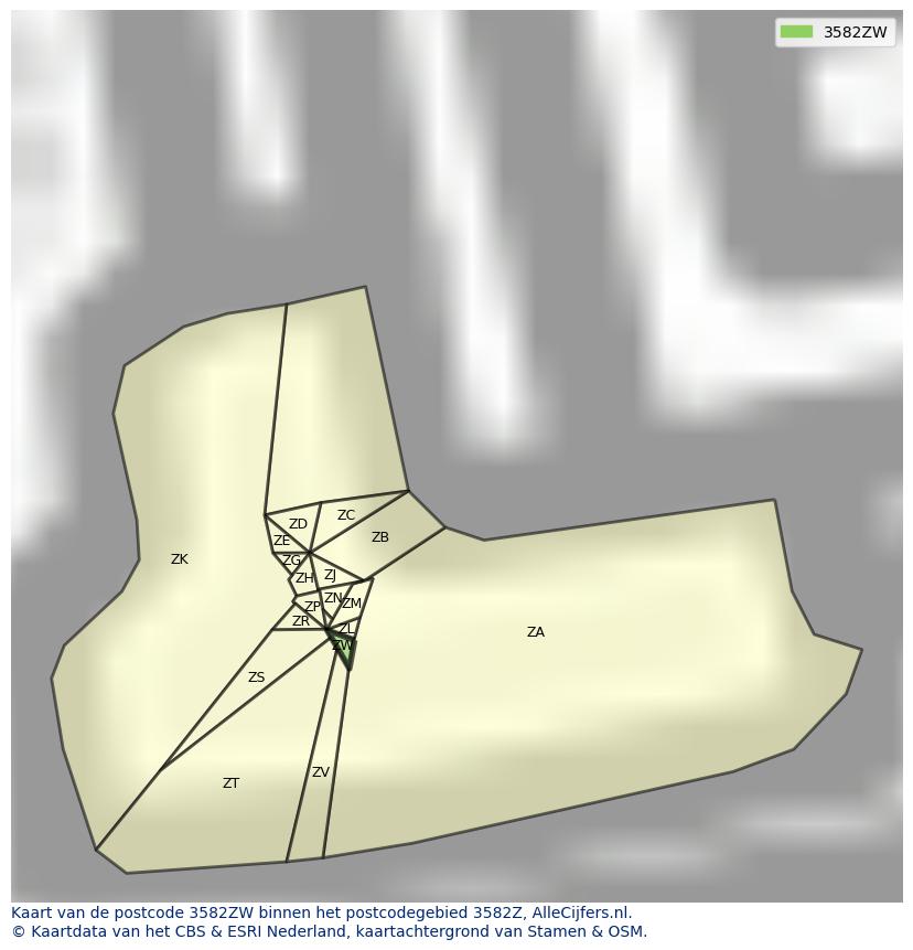 Afbeelding van het postcodegebied 3582 ZW op de kaart.