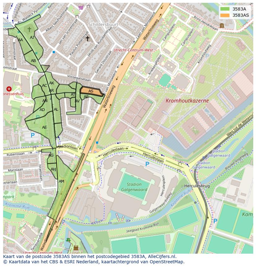 Afbeelding van het postcodegebied 3583 AS op de kaart.
