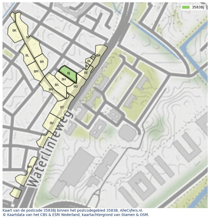 Afbeelding van het postcodegebied 3583 BJ op de kaart.