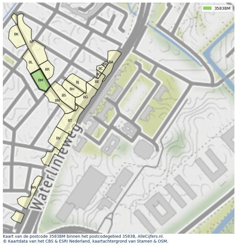 Afbeelding van het postcodegebied 3583 BM op de kaart.