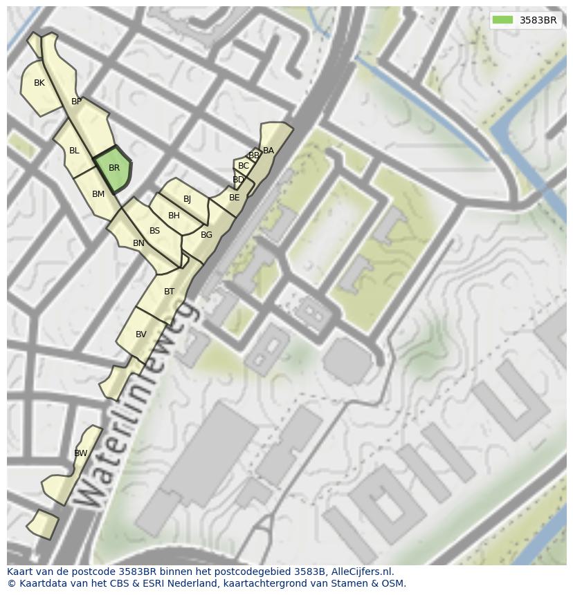 Afbeelding van het postcodegebied 3583 BR op de kaart.