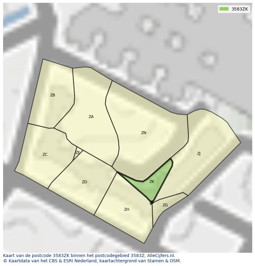 Afbeelding van het postcodegebied 3583 ZK op de kaart.